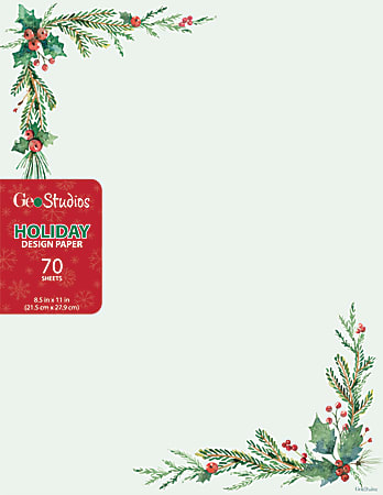 Geo Studios Holiday-Themed Letterhead Paper, Holly Corners, 8-1/2" x 11", Pack Of 70 Sheets