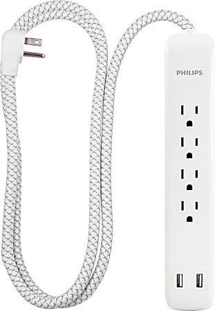 Philips 4-Outlet Surge Protector With USB, 4&#x27;, White/Gray