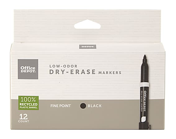 Office Depot® Brand Low-Odor Dry-Erase Markers, Fine Point, 100% Recycled Plastic Barrel, Black, Pack Of 12