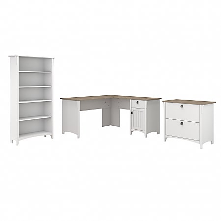 Bush Furniture Salinas 60"W L-Shaped Desk With Lateral File Cabinet And 5-Shelf Bookcase, Shiplap Gray/Pure White, Standard Delivery