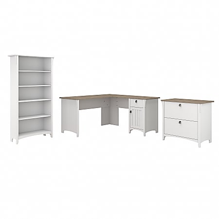 Bush Business Furniture Salinas 60"W L-Shaped Corner Desk With Lateral File Cabinet And 5-Shelf Bookcase, Shiplap Gray/Pure White, Standard Delivery