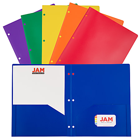JAM Paper® POP Plastic 3-Hole Punched 2-Pocket School Folders, 9-1/2" x 11-1/2", Assorted Primary, Pack Of 6 Folders