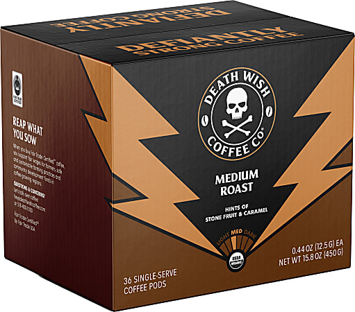 Death Wish Coffee Co Death Cups, Medium Roast, 0.44 Oz, Case Of 36 Cups
