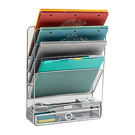 Mind Reader 4-Tier Wall Mount Vertical File Storage With Drawer, 16-1/2"H x 4"W x 12-1/2"D, Silver