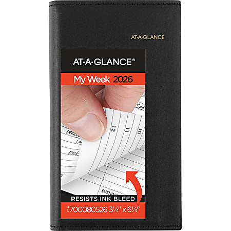 AT-A-GLANCE® 2026 Refillable Weekly Appointment Book Planner, Black, Pocket, 3 1/4" x 6 1/4"