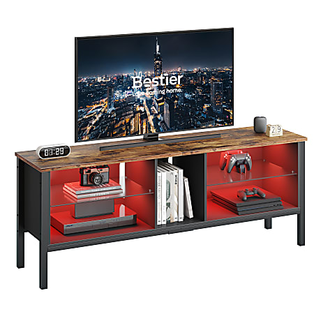 Bestier 63" Gaming TV Stand For 70" TV With LED Light & Modern Glass Shelves, 22-1/16”H x 63”W x 15-3/4”D, Rustic Brown