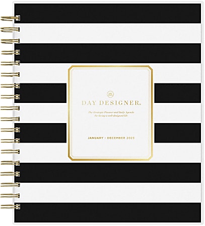 Day Designer Daily/Monthly Planning Calendar, 8” x 10”, Rugby Stripe Black Frosted, January To December 2023, 138757