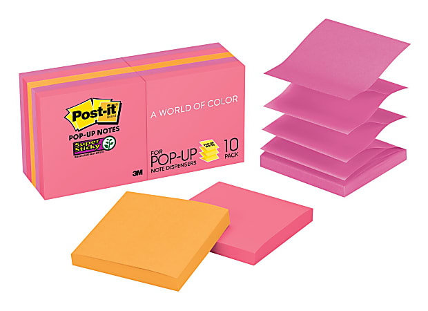Post it® Super Sticky Pop up Notes, 3" x 3", Assorted, , Pack Of 10 Pads