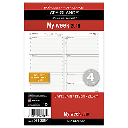 AT-A-GLANCE® Day Runner® Planner Refill, Weekly, 5 1/2" x 8 1/2", White, January to December 2018 (061-285Y-18)