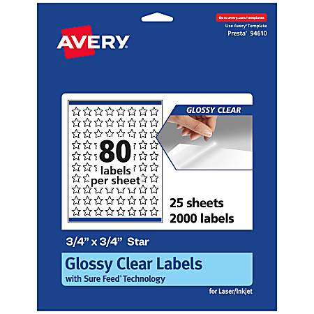 Avery® Glossy Permanent Labels With Sure Feed®, 94610-CGF25, Star, 3/4" x 3/4", Clear, Pack Of 2,000