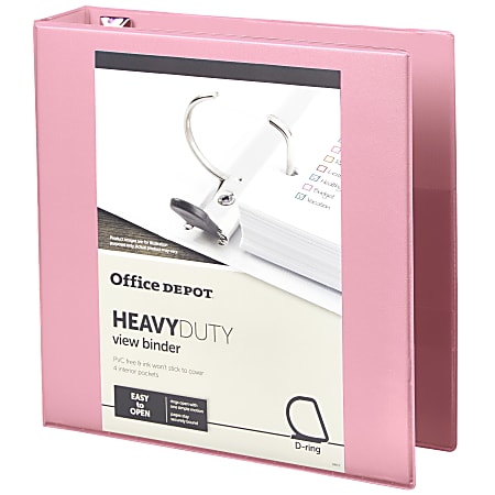 Office Depot Heavy-Duty View 3-Ring Binder, 2 D-Rings, 49% Recycled, Light Pink