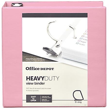 Office Depot Heavy-Duty View 3-Ring Binder, 2 D-Rings, 49% Recycled, Light Pink