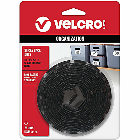 VELCRO® Brand Sticky-Back Fasteners, Removable Adhesive, 0.63" dia, Black, 75/Pack