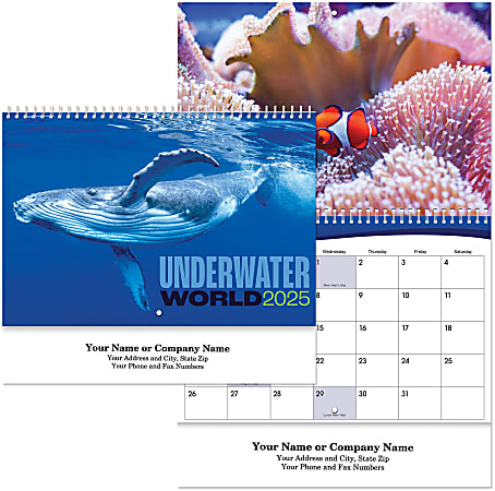 Custom Cull-Color 13 Month Spiral Wall Calendar , Aquarium And Ocean Underwater World Design,  1-Color Imprint/Personalization , 11” x 9-1/2”, Box Of 50