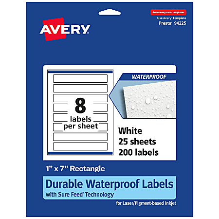 Avery® Waterproof Permanent Labels With Sure Feed®, 94225-WMF25, Rectangle, 1" x 7", White, Pack Of 200