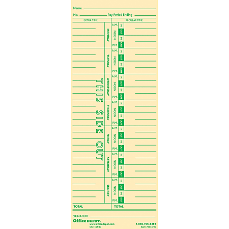 Office Depot® Brand Time Cards, Weekly, Monday–Sunday Format, 1-Sided, 3 3/8" x 8 7/8", Manila, Pack Of 100