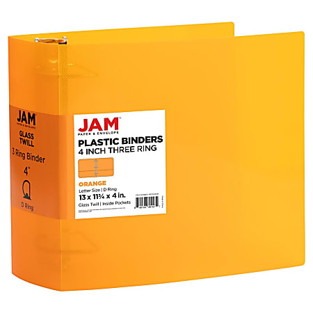 JAM PAPER 3 Ring Plastic Binder, 4 inch, Orange, Sold Individually