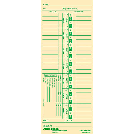 Office Depot® Brand Time Cards, Biweekly, Days 1–7, 2-Sided, 3 3/8" x 8 7/8", Manila, Pack Of 100
