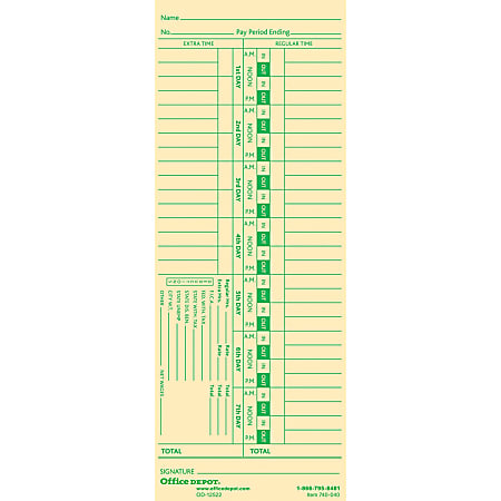 Office Depot® Brand Time Cards, Biweekly, Days 1–7, 2-Sided, 3 3/8" x 8 7/8", Manila, Pack Of 100