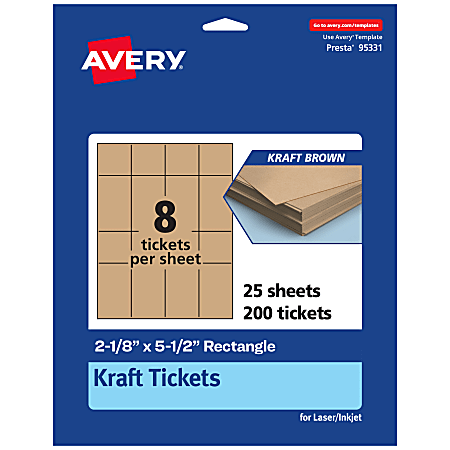 Avery® Printable Tickets, 2-1/8"x5.5", Kraft Brown, Pack Of 200