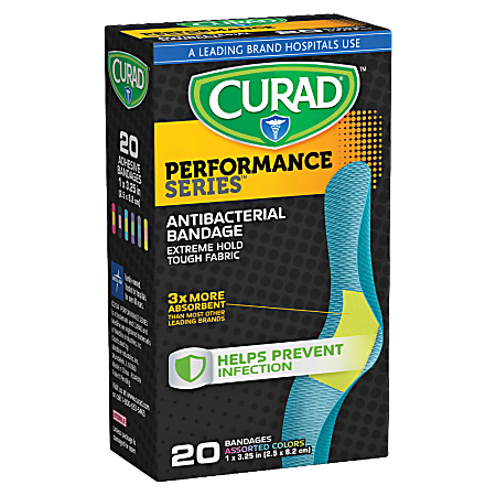 CURAD® Antibacterial Adhesive Bandages, 1" x 3 1/4", Assorted Colors, Pack Of 20