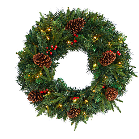 Nearly Natural 24"H Mixed Pine Artificial Christmas Wreath With 35 LED Lights And Berries, 24” x 5”, Green