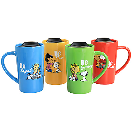 Peanuts Gentle Reminders Stoneware 4-Piece Travel Cups, 18 Oz, Assorted Colors