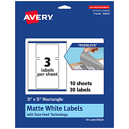 Avery® Print-To-The-Edge TrueBlock® Labels With Sure Feed®, 94213-TWMP10, Rectangle, 3" x 5", Matte White, Pack Of 30