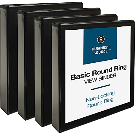 Business Source Round Ring View Binder, 1 1/2" Ring, 8 1/2" x 11", Black, Pack Of 4