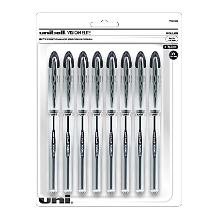 uni-ball® Vision™ Elite™ Liquid Ink Rollerball Pens, Bold Point, 0.8 mm, Silver Barrel, Black Ink, Pack Of 8