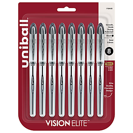 uni-ball® Vision™ Elite™ Liquid Ink Rollerball Pens, Bold Point, 0.8 mm, Silver Barrel, Black Ink, Pack Of 8