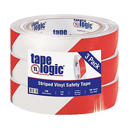 BOX Packaging Striped Vinyl Tape, 3" Core, 1" x 36 Yd., Red/White, Case Of 3