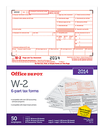 Office Depot® Brand W-2 Inkjet/Laser Tax Forms, 2014, 6-Part, 8 1/2" x 11", Pack Of 50