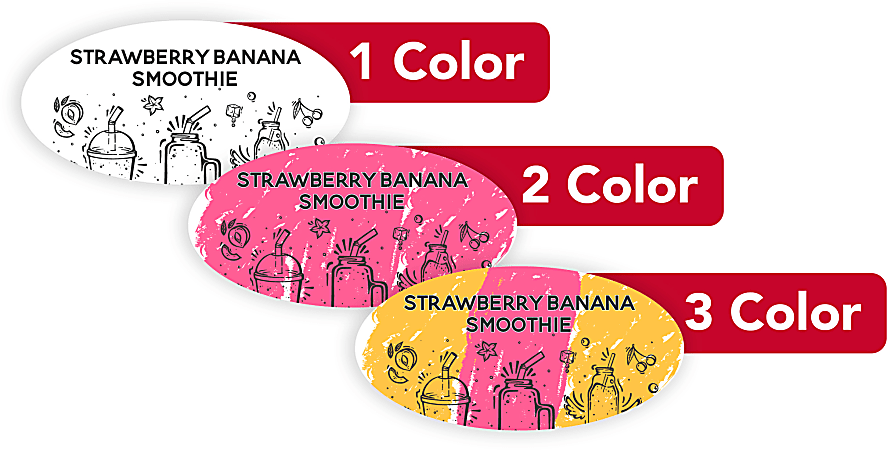 1, 2 Or 3 Color Custom Printed Labels And Stickers, Oval, 1-1/4" x 2-1/2", Box Of 250