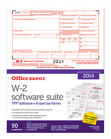 Office Depot® Brand 6-Part W-2 Laser Form & Software Sets, 2014, 6-Part, 8 1/2" x 11", Pack Of 50