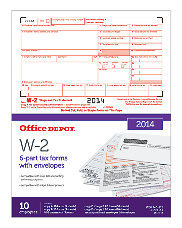 Office Depot® Brand W-2 Laser Tax Forms And Envelopes, 2014, 6-Part, 8 1/2" x 11", Pack Of 10