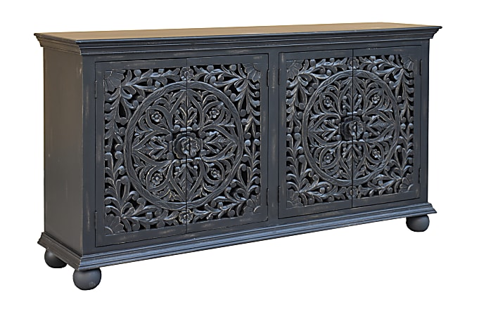 Coast to Coast Yvette Boho 4-Door Storage Credenza with Carved Door Fronts, 39”H x 70"W x 18"D, Bree Black Distressed