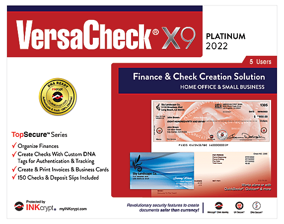 VersaCheck® X9 INKcrypt® Platinum TopSecure™ Series, 5 Users, 2022, For Windows®, Disc/Download
