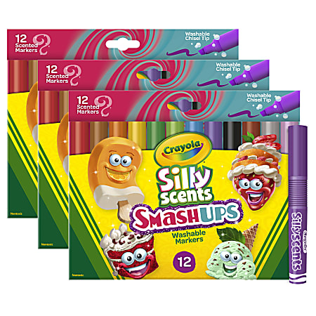 Crayola Silly Scents Smash Ups Washable Scented Markers, 36 Markers, Wedge Tip, Assorted Colors, 12 Markers Per Pack, Set Of 3 Packs
