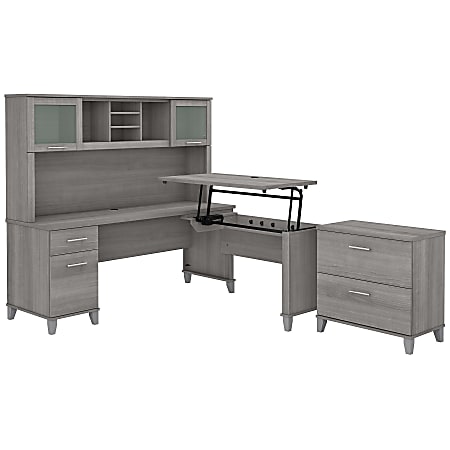 Bush Furniture Somerset 72"W 3-Position Sit-To-Stand L-Shaped Desk With Hutch And File Cabinet, Platinum Gray, Standard Delivery