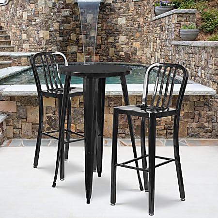 Flash Furniture Commercial Grade Round Metal Indoor-Outdoor Bar Table Set With 2 Vertical Slat Back Stools, 41"H x 24"W x 24"D, Black