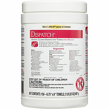 Dispatch Hospital Cleaner Disinfectant Towels with Bleach - Ready-To-Use Towel - 32 oz (2 lb)6.75" Width x 8" Length - 150 / Canister - 1 Each - White