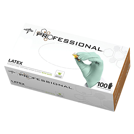Medline Professional Aloe-Coated Latex Disposable Exam Gloves, Large, Green, Box Of 100