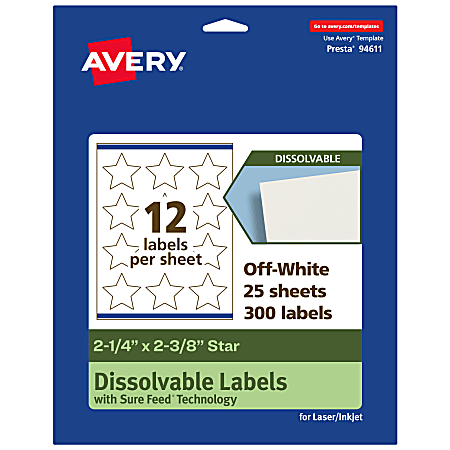 Avery® Print-to-the-Edge Dissolvable Labels With Sure Feed® Technology, 94611-DWMP25, Star, 2-1/4"x2-3/8", Matte Off-White, Pack Of 300