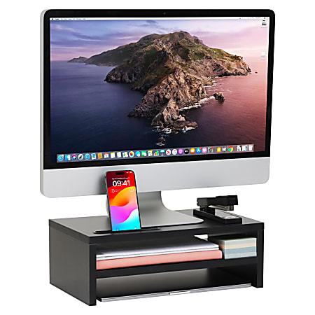 Mind Reader Monitor Stand With Phone Slot And Storage Shelf, 5-1/2"H x 9"W x 15-3/4"D, Black