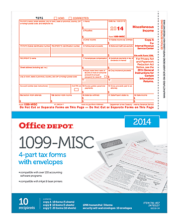 Office Depot® Brand 4-Part 1099-MISC Tax Forms With Envelopes For 2014 Tax Year, Pack Of 10