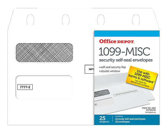 Office Depot® Brand Double-Window Self-Seal Envelopes For 1099-MISC Forms, 2014, 5 5/8" x 9", White, Pack Of 25