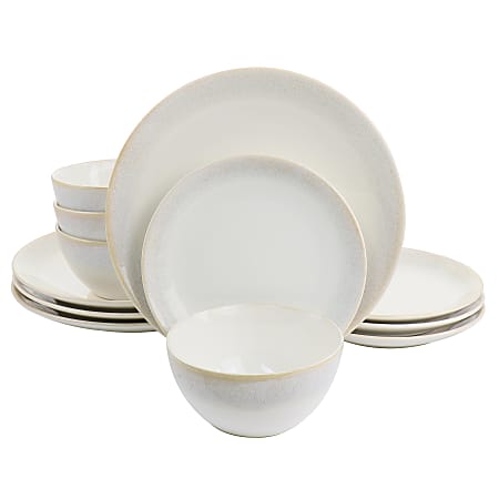Martha Stewart 12-Piece Round Stoneware Dinnerware Set, Taupe/White