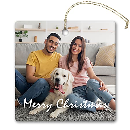 Custom Full-Color Photo Ceramic Keepsake Holiday Ornament With Gold Cord, Square Shape, 3" x 3”