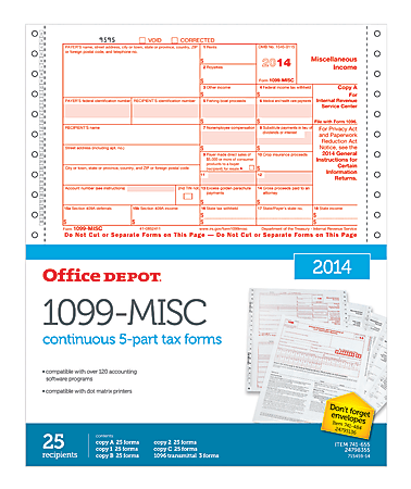 Office Depot® Brand 1099-MISC Continuous Tax Forms, 5-Part, 8 1/2" x 11", Pack Of 25